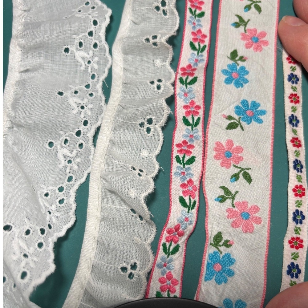 Vintage Floral Embroidered Ribbon and White Eyelet Lace Trim Sewing Notions Lot